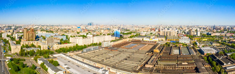 Fototapeta premium Aerial top view of road junction in Moscow from above, automobile traffic in the Moscow industrial zone near the automobile ring highway