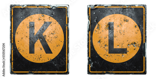 Set of public road sign orange and black color with a capital letters K and L in the center isolated on white background. 3d