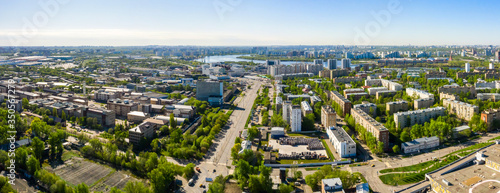 Aerial top view of road junction in Moscow from above  automobile traffic in the Moscow industrial zone near the automobile ring highway