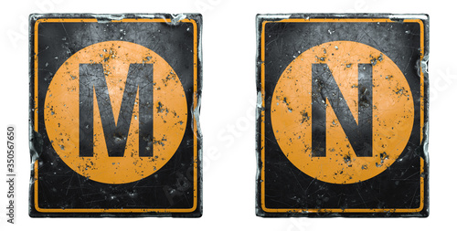 Set of public road sign orange and black color with a capital letters M and N in the center isolated on white background. 3d