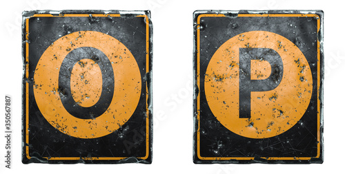 Set of public road sign orange and black color with a capital letters O and P in the center isolated on white background. 3d