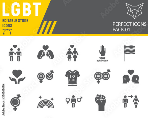 LGBT glyph icon set, lgbtq symbols collection, vector sketches, logo illustrations, gay pride icons, gender signs solid pictograms, editable stroke.