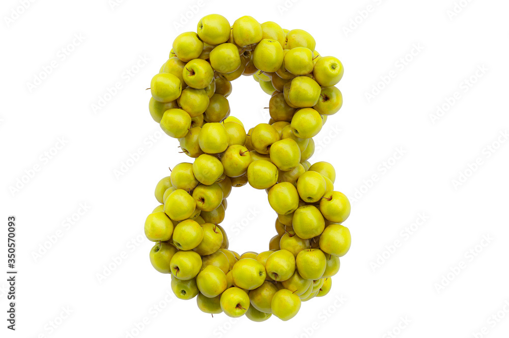 Number 8 from yellow apples, 3D rendering