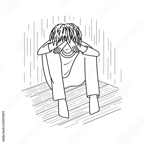 
Negative emotions. Image of a teenager or young man sitting on the floor in the corner. Outline drawing on a white background. Vector illustration.