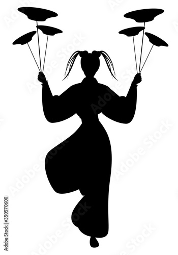 Silhouette of oriental girl wearing a kimono, holding dishes balanced on a pole, isolated on white background