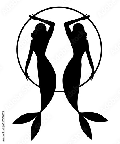 Silhouette of twins mermaids retro pin-up style, holding a hoop, isolated on white background