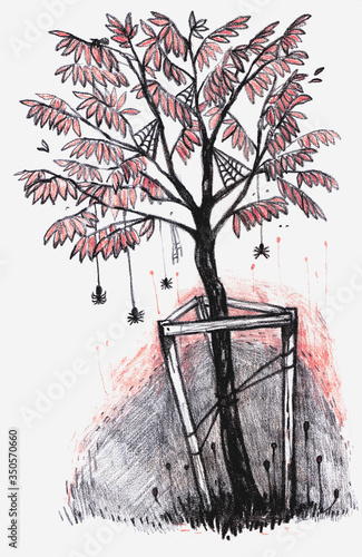 Tree with spiders illustration. The tree with long leaves. Good background. Texture traditional drawing. 