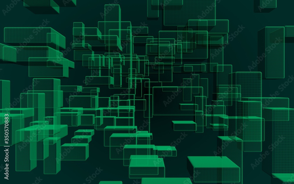 Fototapeta premium Green and dark abstract digital and technology background. The pattern with repeating rectangles. 3D illustration