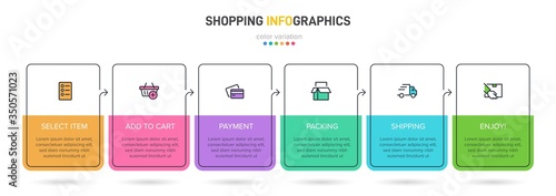 Concept of shopping process with 6 successive steps. Six colorful graphic elements. Timeline design for brochure, presentation, web site. Infographic design layout.