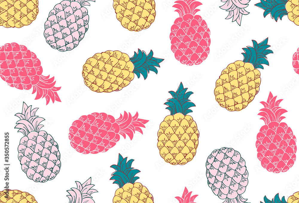 Hand drawn pineapple seamless pattern, sketch style and summer colors for menu and fabric Hand drawn pineapple seamless pattern, sketch style and summer colors for menu and fabric