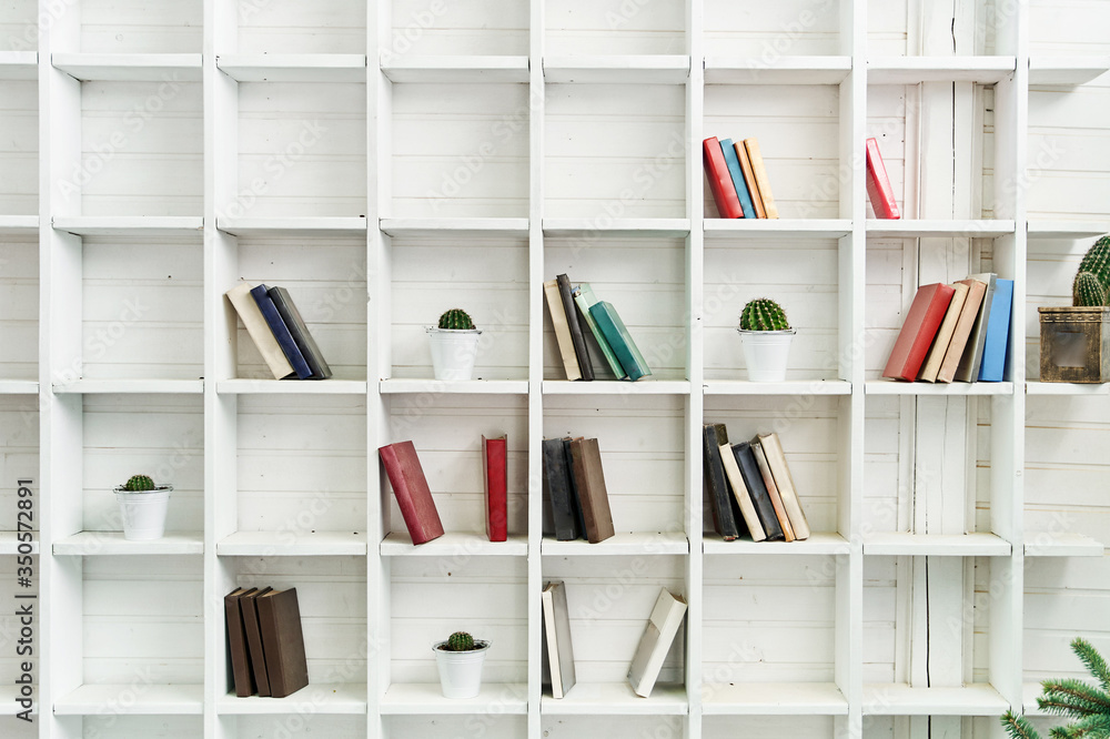 White wooden shelves with old books. Wooden bookcase. Book library