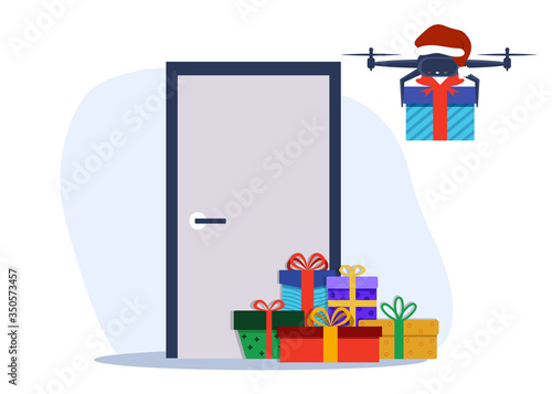 Air drone carrying New Year, Christmas or birthday gift box. Air drone with camera delivering a package new technologies of remote logistics. Flat style vector illustration