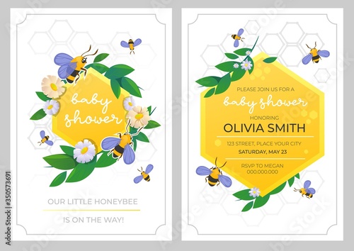 Baby shower party invitation with lettering vector illustration. Colourful decoration with bee and honeycomb cartoon design. Child celebration. Isolated on white background