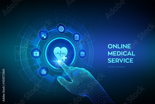Online medical services, consultation and support concept on virtual screen. Doctor online. Medical clinic communication with patient. Robotic hand touching digital interface. Vector illustration.