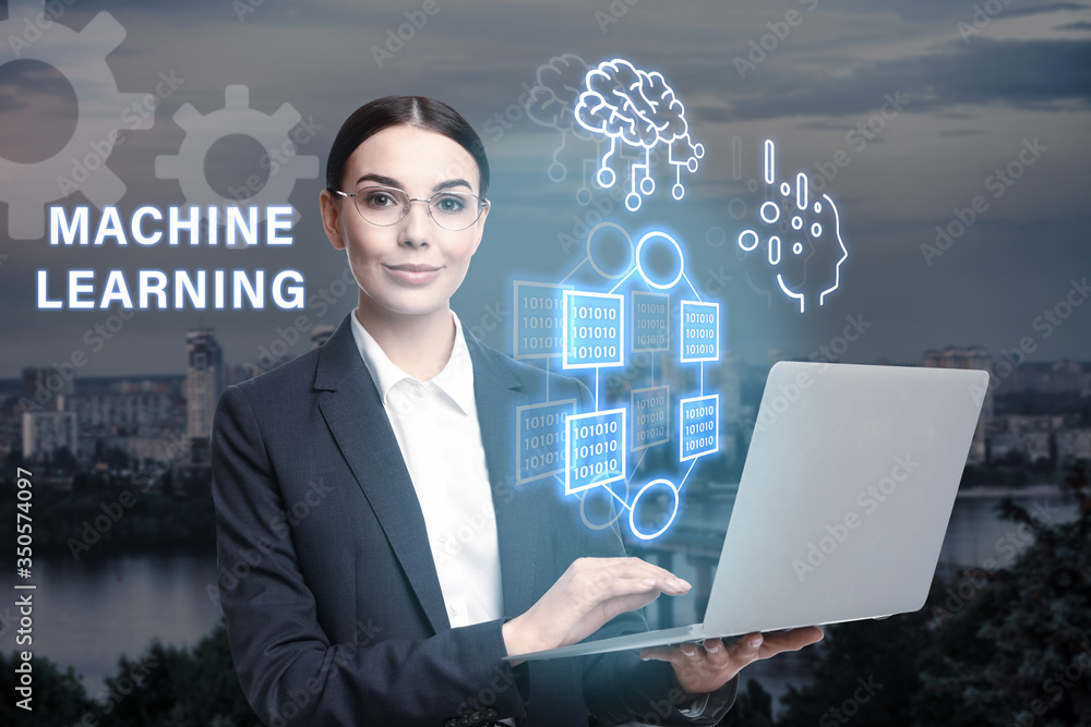 Woman using laptop with linked icons and cityscape on background. Machine learning concept Woman using laptop with linked icons and cityscape on background. Machine learning concept