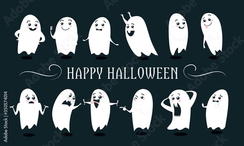 Happy halloween lettering and cute ghosts vector illustration. Funny kind monsters with various face expressions flat style. Happy autumn celebration concept. Isolated on dark background