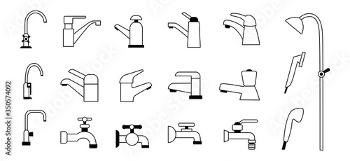 Set of different linear faucets icons for bathroom vector illustration. Assortment of water cranes for bath flat style. Various design of plumbing. Isolated on white background