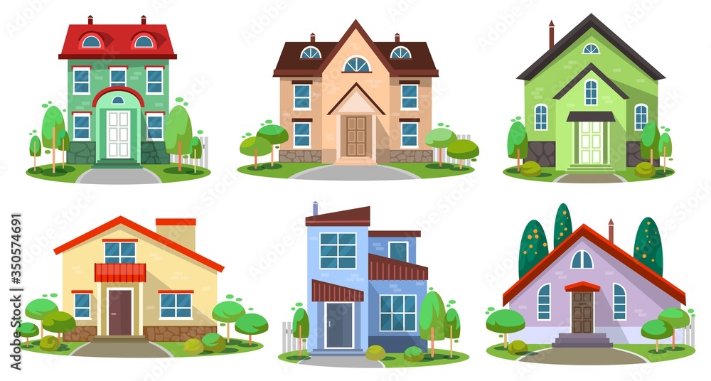 Set of colourful luxury buildings for living vector illustration. Front view with roof flat style. Home facade with doors and windows. Modern townhouse concept. Isolated on white background