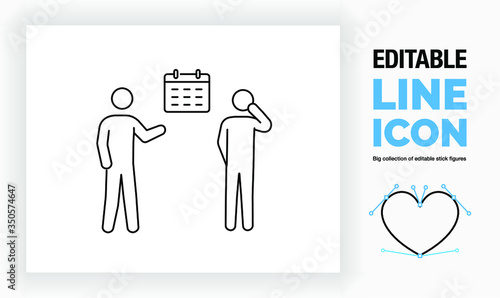 Editable line icon of two stick figure people picking a date on a calendar, part of a huge set of stick figures and icons! 