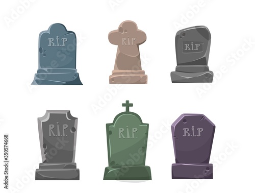 Set of gravestones with rest in peace sign vector illustration. Old tomb collection cartoon design. Ancient rip. Halloween elements concept. Isolated on white background