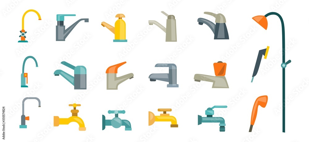 Set of faucets in different colour for bath vector illustration. Assortment of stylish cranes for water flat style. Hygiene and bathroom supply. Isolated on white background