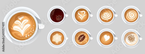Set of coffee cups with different toppings vector illustration. Various types of beverage flat style. Cappuccino americano espresso mocha latte cocoa. Isolated on beige background