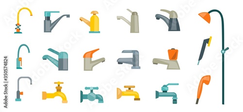 Set of faucets in different colour for bath vector illustration. Assortment of stylish cranes for water flat style. Hygiene and bathroom supply. Isolated on white background