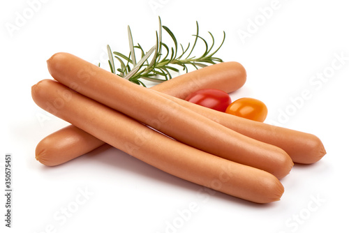 Foto Fresh boiled sausages, isolated on white background.