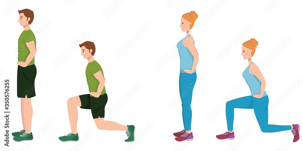 Man and woman doing forward lunges. Male and female characters in cartoon style.