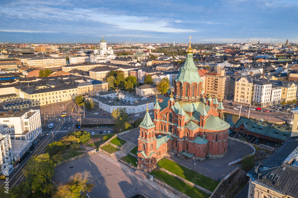 Aerial view of Uspenski Cathedral and Helsinki city skyline in summer. Finland.