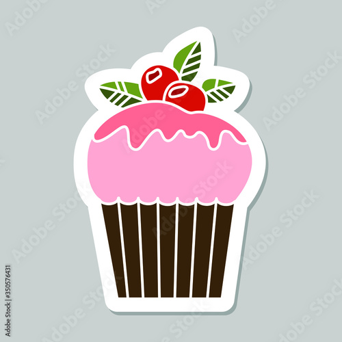 Vector cupcake sticker isolated on gray background. Food design elements for the menu  bakery logo  web  postcards  stickers.