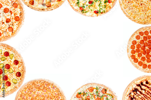 Frame for text with Big set of different pizzas: Ham with mushrooms, Isolated on white background