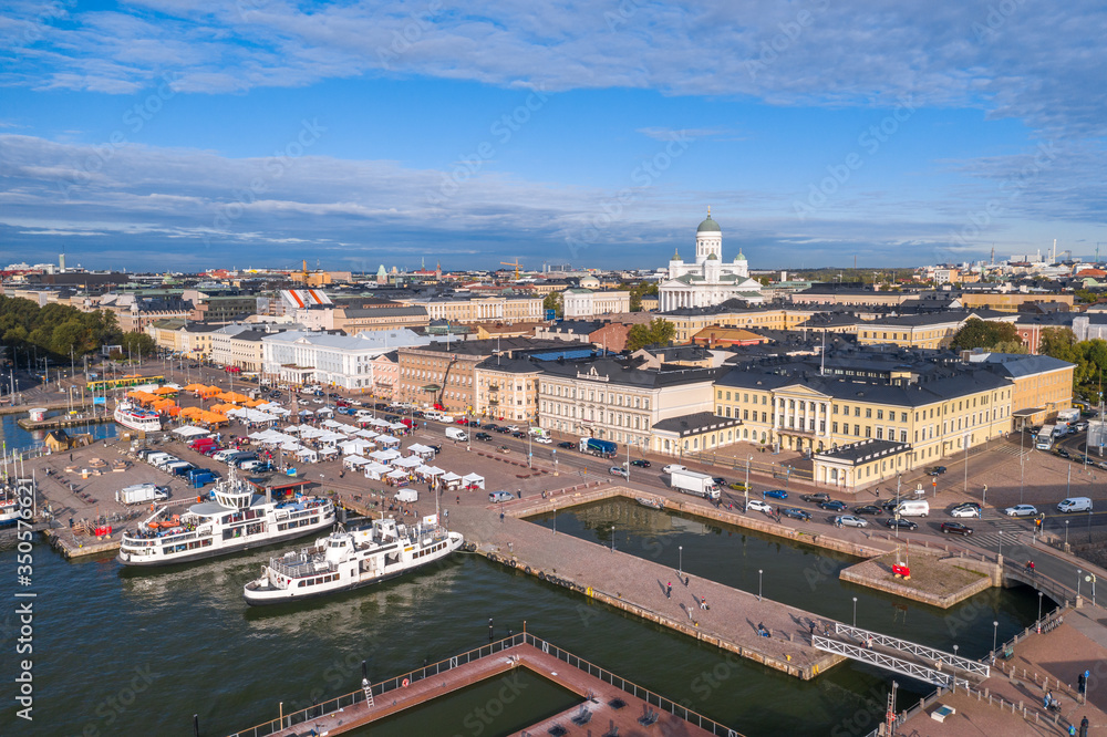 Helsinki skyline in summer with the port market, Helsinki Cathedral and Presidential Palace. Finland