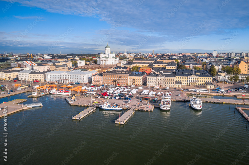 Aerial view of Helsinki skyline in summer with the market, Helsinki Cathedral and Presidential Palace. Finland