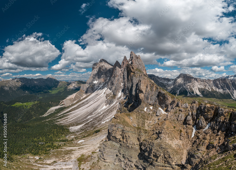 Mountain landscape on Seceda mountain in Dolomites, Italy at summer.