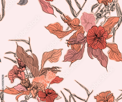 Doodle Drawing Floral Bouquets Seamless Pattern Isolated Elements, Flowers Arrangements Salmon Color Monochrome Linear Drawing, Female Textile Design Summer Vacation