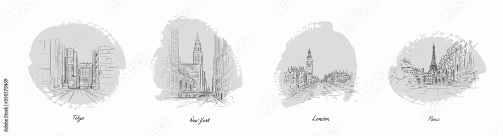 Set of most famous world city sketches with pencil vector illustration. Drawing of tokyo new york paris and london flat style. Art and masterpiece concept. Isolated on white background