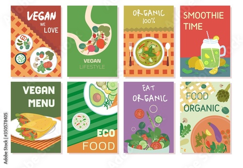 Set of vegan food colourful banners menu vector illustration. Food and drink marketing material and advertisement flat style. Eco and organic food concept. Isolated on white background