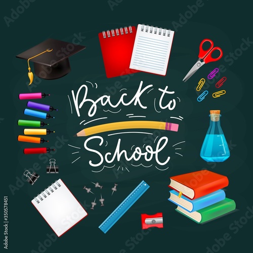 Set of various school supplies for children vector illustration. Notebook pen marker scissors glassware book graduate hat and ruler flat style. Back to school concept. Isolated on black background