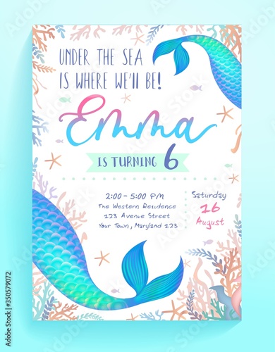 Under sea where well be party invitation template vector illustration. Fish tails flat style. Bright decoration for festive card. Birthday and childhood concept. Isolated on blue background