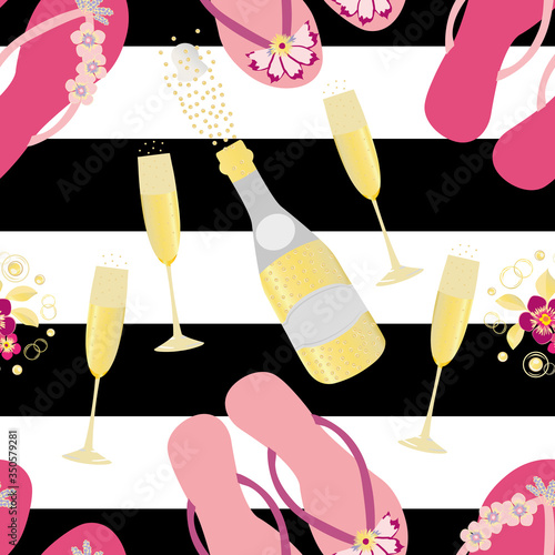 Flip flop shoe and Champagne icons vector seamless pattern background. Pink gold bottles, fizzing glasses, sandals on bold black stripe backdrop. All over print for beach hen party celebration concept