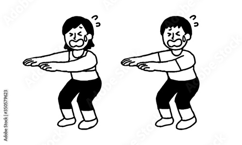 辛いスクワットをするトレーニングウェア男性女性（シンプル）