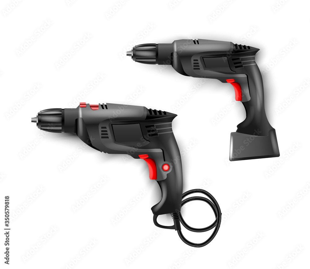 Manual, electric black hammer drill with drills. Tool  perforator for drilling holes in materials. Vector puncher illustration isolated. Working for construction, finishing, carpentry and repair work