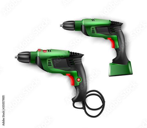 Manual, electric green hammer drill with drills. Tool  perforator for drilling holes in materials. Vector puncher illustration isolated. Working for construction, finishing, carpentry and repair work
