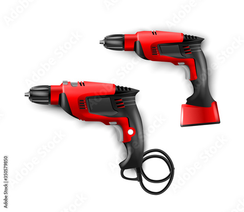 Manual, electric red hammer drill with drills. Tool  perforator for drilling holes in materials. Vector puncher illustration isolated. Working for construction, finishing, carpentry and repair work