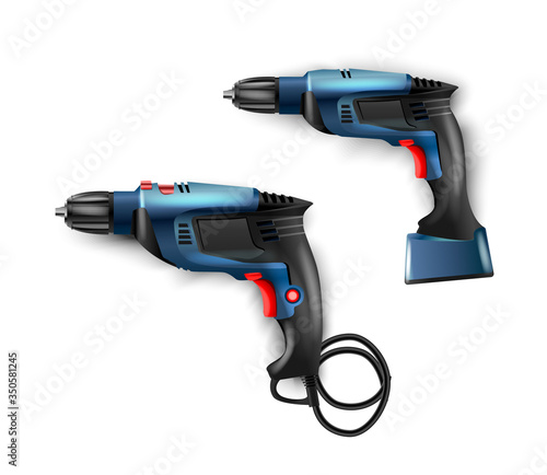 Manual, electric blue hammer drill with drills. Tool  perforator for drilling holes in materials. Vector puncher illustration isolated. Working for construction, finishing, carpentry and repair work
