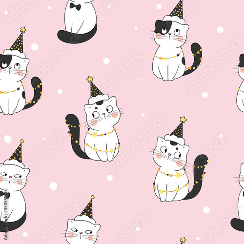 Draw seamless pattern cat wear witch hat in Halloween.