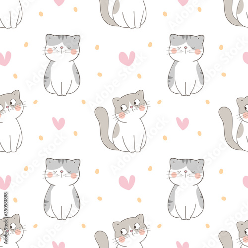 Draw seamless pattern cat with little heart on white for print.