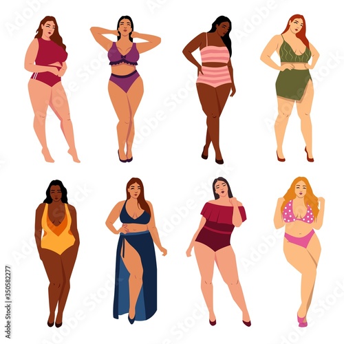 Plus size cute girls models in various poses vector illustration. Attractive overweight women flat style. Fat acceptance movement. Body positive concept. Isolated on white background
