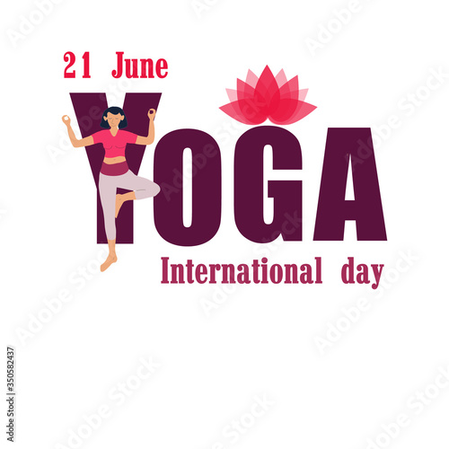 Yoga huge letters and yogine girls practicing yoga asanas, 21st june international yoga day isolated on white vector illustration.